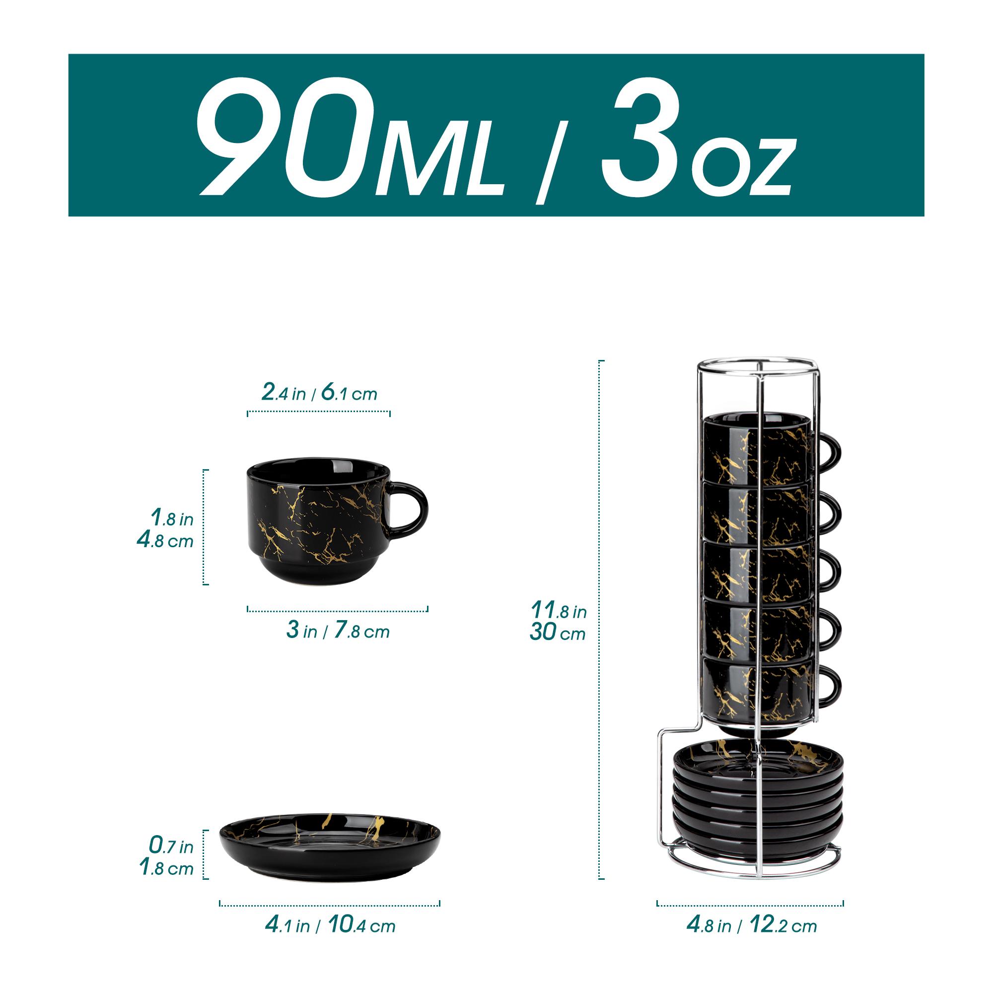 MALACASA 3/5/9 OZ Porcelain Espresso Cups (includes saucers and metal cup holder) 6-Piece Set, Stackable Cappuccino Cups, Coffee Cups, and Tea Cups, Marble-Patterned Espresso Cup Set, Perfect for Espresso, Lattes, and Tea