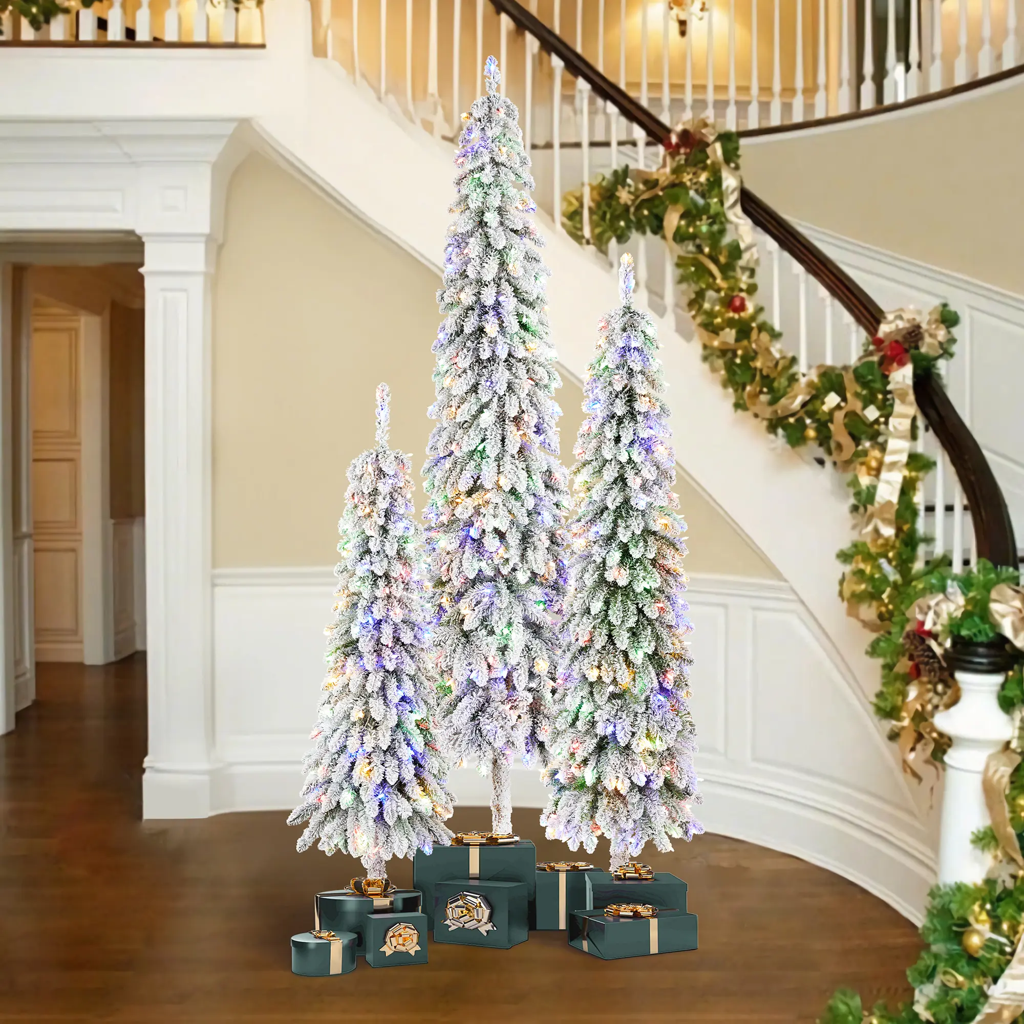 Glitzhome 4.5ft/6ft/7.5ft Pre-Lit Flocked Artificial Christmas Tree with 100/150/250 Warm White C3 Clear LED Lights,9 function w/Foot Pedal