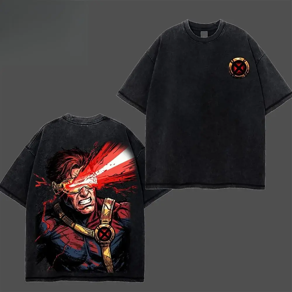 Retro Cyclops X-Men Glowing Circular X Chest Logo, Red Shock Optic Laser Screaming Cyclops Red-Blue Suit Bust Back Print, Dual-Sided Vintage Washed Black T-Shirt, Unisex Oversized Heavyweight Cotton Streetwear Top, Ideal Gift for MCU X-Men Cyclops Fans