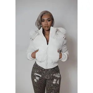 Gabrielle Beige Rhinestone Puffer Jacket With Fur Hood