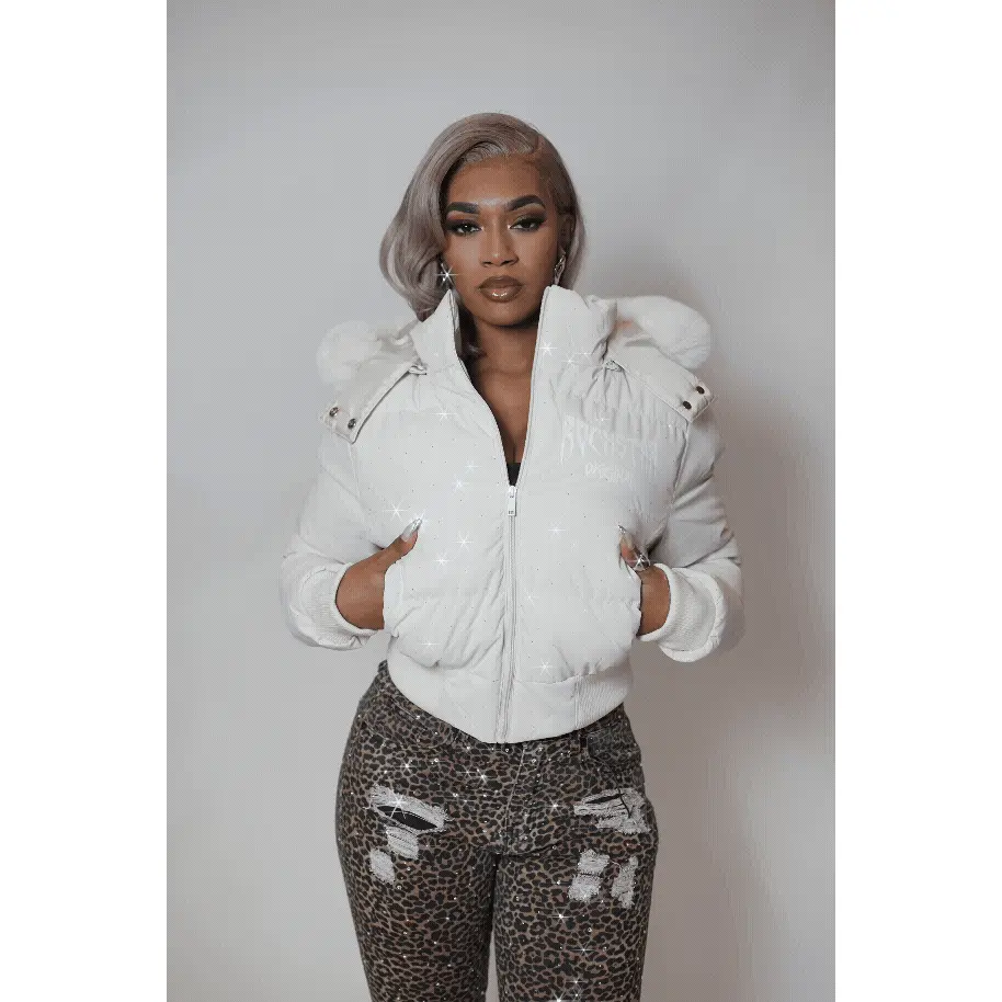 Gabrielle Beige Rhinestone Puffer Jacket With Fur Hood Gabrielle Beige Rhinestone Puffer Jacket With Fur Hood