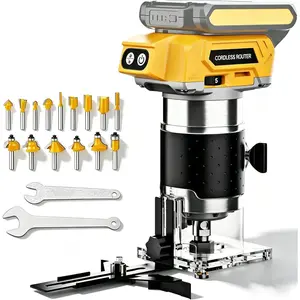 Brushless Cordless Router for Woodworking, Compatible with 20V  ( Not Included), 6-Speed, 30000-RPM Trim Router, 15-Pcs Trim Bits for Edge Trimming, Grooving (Black and Yellow)