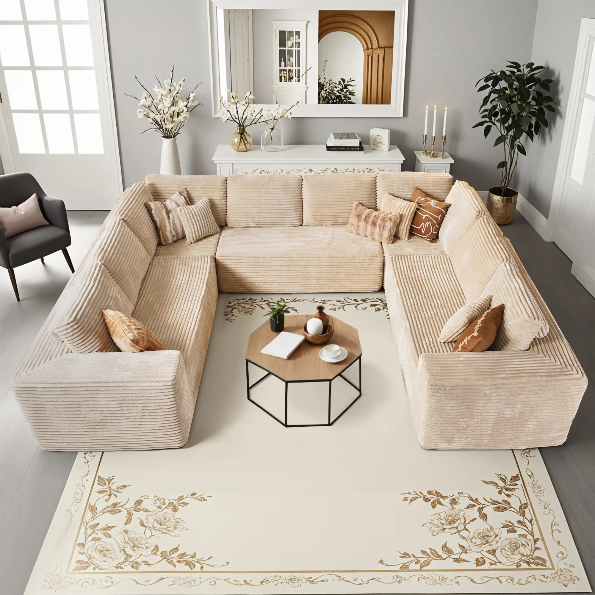 ALLWEX 135" U Shaped Modular Sofa, Oversized Corduroy Cloud Couch with Deep Seat Chaise, Plush Floor Sectional Sofa, Comfortable Lounge Seating, No Assembly Required, Sofas Living Room
