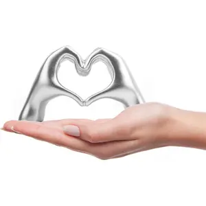 Small Heart Hands Sculpture Decor for Living Room Bedroom Bookshelf Coffe Table and Office Display, Love Finger Statue Modern Aesthetic Home Decor, Unique Gift for Wedding Christmas Birthday (Silver)