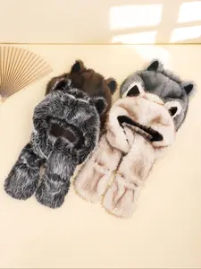 Winter Faux Fox Fur Scarf Hat Gloves Set, Outdoor Warm Dual Color Plush Earflap Beanie, Unisex Cold Weather Accessories