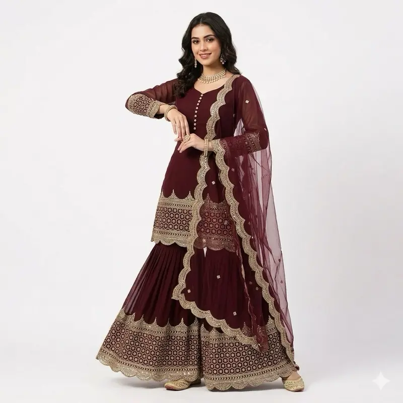 Women's Embroidered Indian Kurta Set with Pants, Long Sleeve Peplum Tunic Top, 2-Piece Casual Wear Outfit, Original
