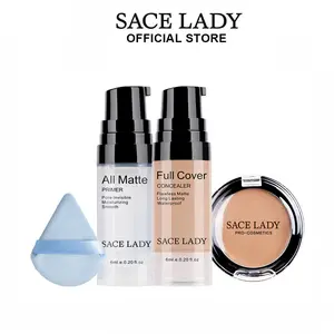 SACE LADY Waterproof Full Coverage Concealer With Primer Puff Set, Travel Size,Smooth Matte Flawless Creamy Liquid Foundation Corrector Makeup Kit for Face Eye Dark Circles Spot Acne Scar Cover