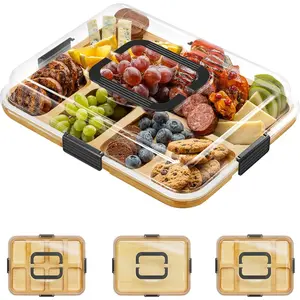 Charcuterie Board with Clear Lid, Portable Travel Cheese Cutting Boards for Picnic Accessories, Bamboo Serving Tray with Lids, House Warming Gifts, Black Handles, 8 Compartments