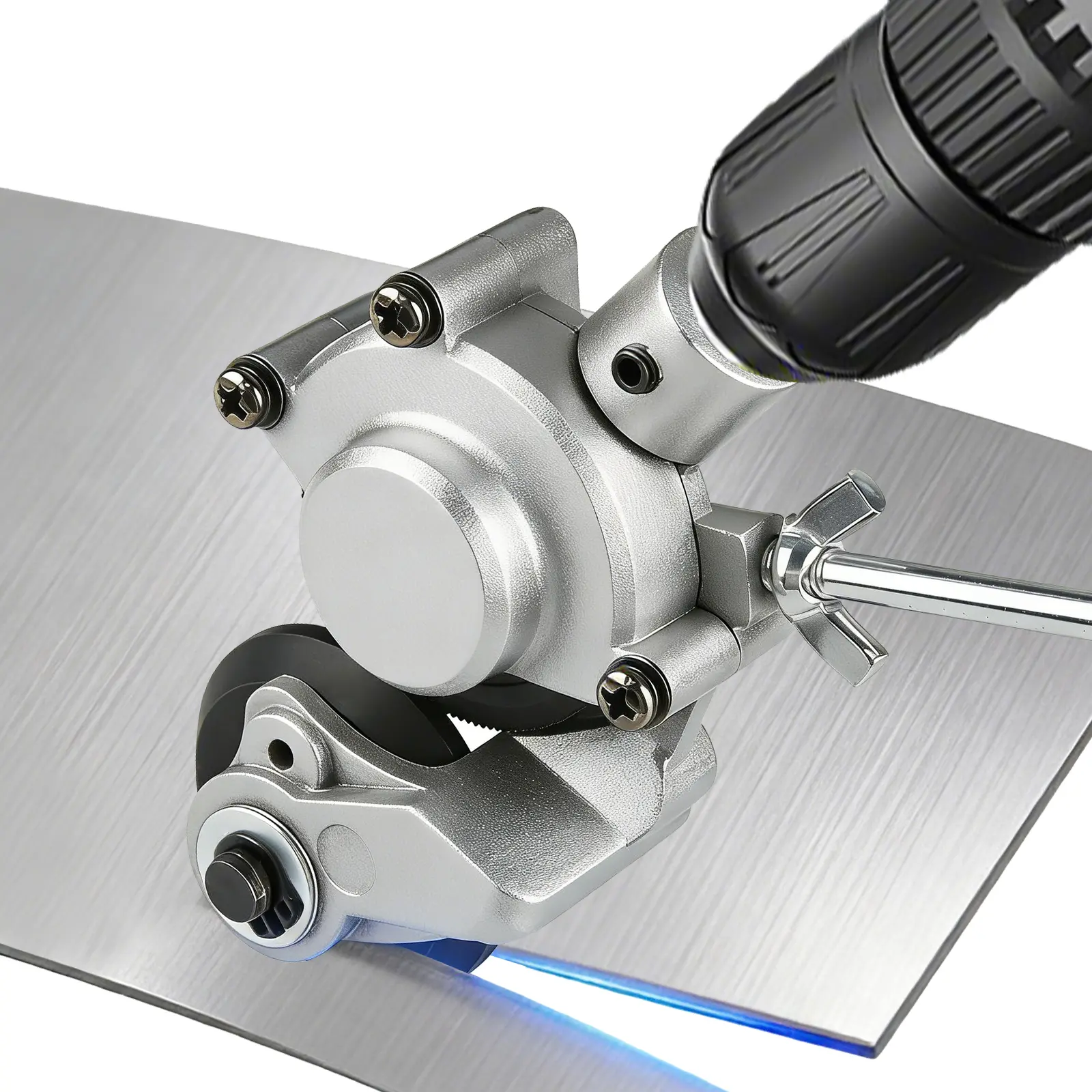 Upgraded Dual Bearing Drill Powered Sheet Metal Nibbler Attachment Full Kit with Support Rod & Mount Brackets, Only for Cordless Battery Drills, Clean Burr-Free Cuts for Iron, Steel, Copper, Aluminum & Stainless Thin Sheets