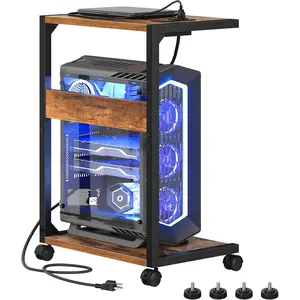Computer Tower Stand, PC Stand with Charging Station, 2-Tier with Locking Caster Wheels, CPU Stand Fits Most PCs, for Floor Home Office, Rustic Brown BF01UCJ01G1