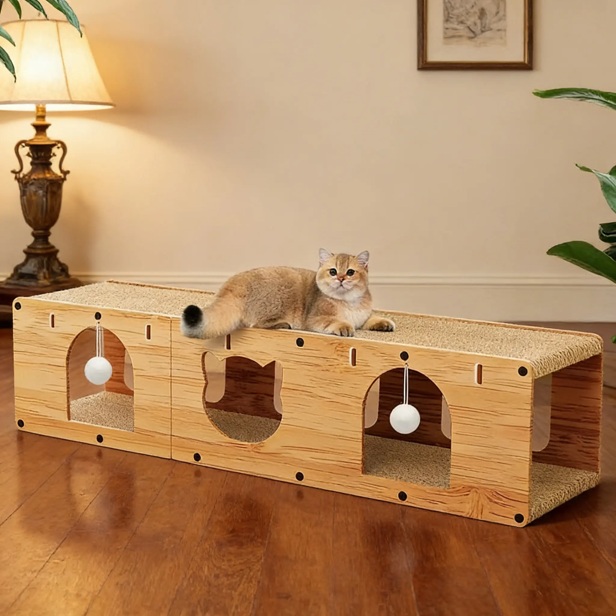 Large Cardboard Cat Scratchers, Track for Pet, Cat toy, Cat Tunnel House with Scratching Pad & Ball Toy, Innovative Design, Safe and Eco-Friendly, for Indoor Cats, Wooden Interior Toys tiktokshopspringglowup SummerVibes petlovers