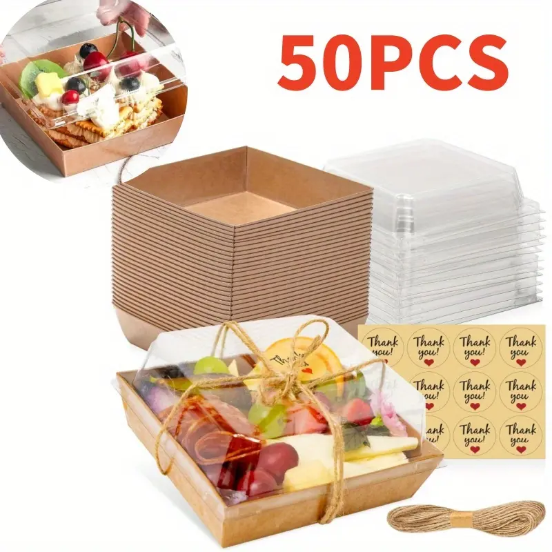 50PCS Disposable Food Container with Lid, Small Charcuterie Boxes with Clear Lids, Paper Mini Charcuterie Box To Go, Dessert Boxes for Sandwich, Cookie, Sushi, Cake Slice, and Strawberries