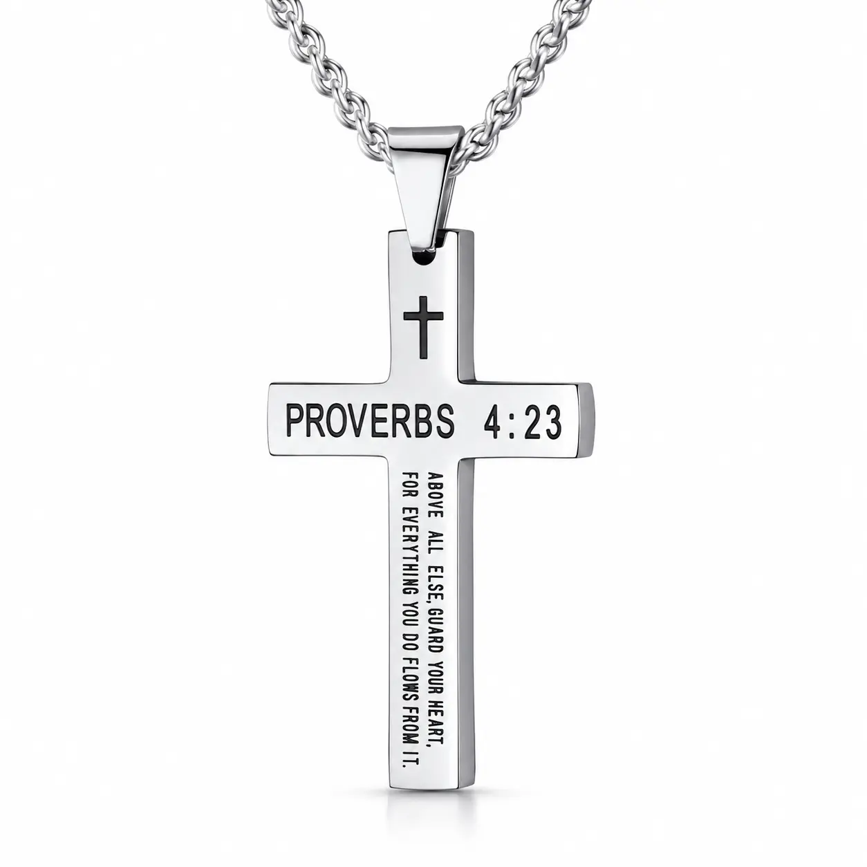 Men's Faith Cross Necklace - Stainless Steel Black Silver Pendant, 20-24in Curb Chain, Engraved Bible Verse Men's Accessories, Inspirational Costume Jewelry Gift for Him, Mens Gifts, Gifts For Him