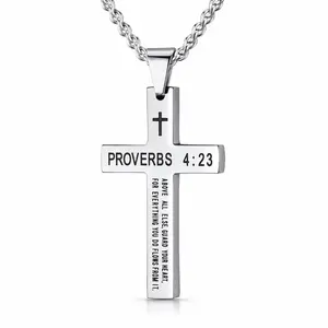 Men's Faith Cross Necklace Stainless Steel Black Silver Pendant 20-24in Curb Chain Inspirational Bible Verse Costume Jewelry Gift for Boys Christian Religious Necklace