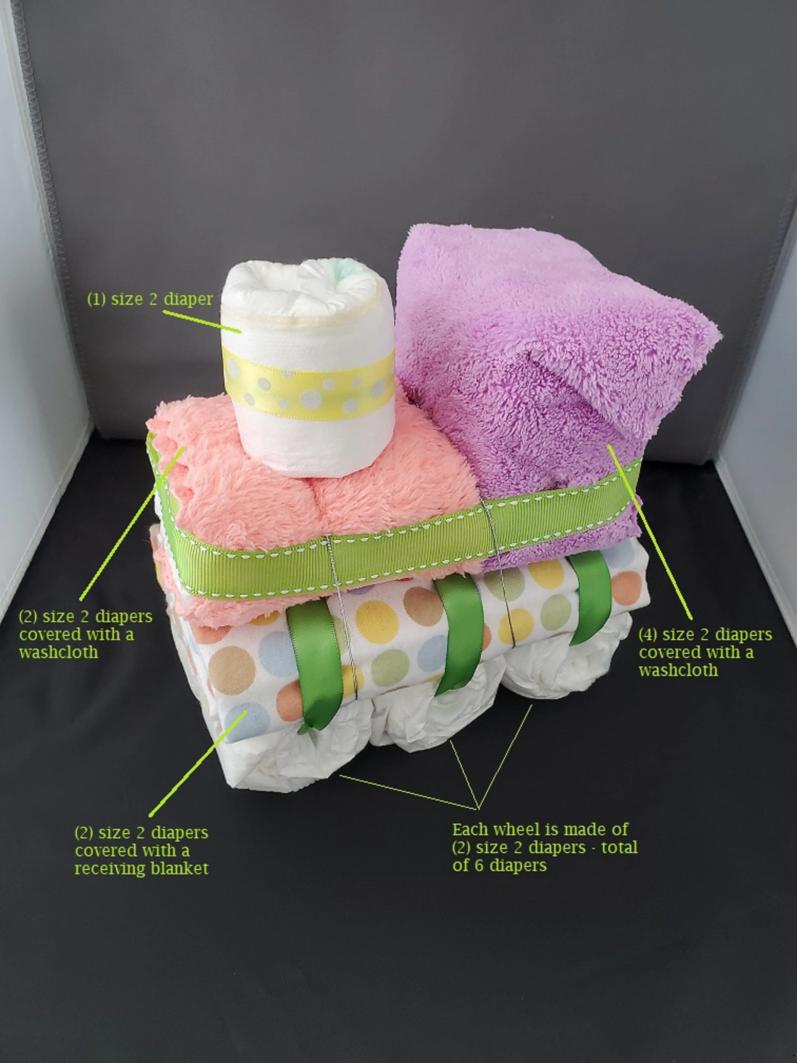 Train diaper cake - Purple, peach. polka dots