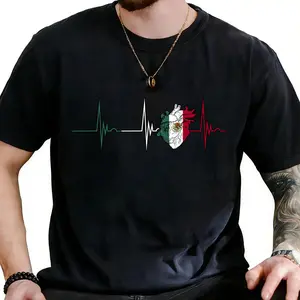 Regular Fit Heartbeat & Mexico Flag Print Round Neck T-Shirt Casual Fashion Top Tee For Daily Wear Made In USA For Women For Men [CoreVarsity.us 180G/230G  cotton short-sleeve/hoodie, soft and comfortable]TechV