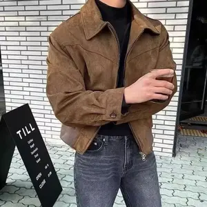 Versatile vintage American-style chamois leather jacket for men, brown/coffee, Maillard matching, cropped lapel design, autumn–winter season, ideal for vacations and fall outfits