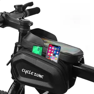 Bike Bag Phone Mount Bag Bicycle Accessories Pouch, EVA Waterproof Bike Phone Holder Top Tube Front Frame Bag Handlebar Bags Compatible Phones Under 6.5"