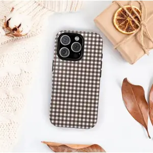 Custom Gingham Cellphone Casing - Retro Polycarbonate Protection Accessories for iPhone 12/13/14/15/16 (Plus, Pro Max) & 17 Pro Max, Cute Espresso Brown Fall Design, Wireless-Friendly Handheld Gift for Her, Compatible Devices