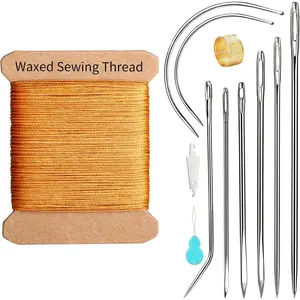 Repair Sewing Kit, Upholstery  and Thread Kit with 32 Yard Waxed Thread and 8 count Heavy Duty Leather  for Hand Stitching, Canvas & Quilting - 0.55mm Round Waxed Cord Coffee