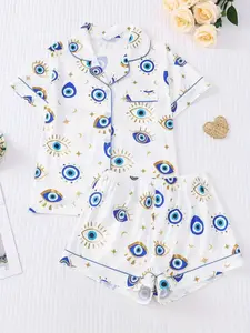 Women's Two-Piece Fitted Knit Pajama Set, Casual Comfortable Loungewear Short Sleeve Shirt with Pockets & Elastic Waist Shorts, All-Over Print, All Seasons Wear