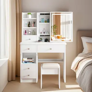 Modern White Vanity Desk with Mirror & Lights, Makeup Vanity Set with Stool, 5 Storage Drawers, Open Shelves, 3 Lighting Modes