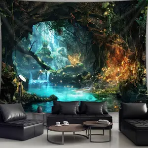 Fantasy Tree Cave Plant Landscape Digital Print Tapestry, Polyester Aesthetic Printed Wall Hanging, for Living Room, Bedroom, Office, Home, Room, Party Decoration, Wall Decor collection moon pattern chic design mural