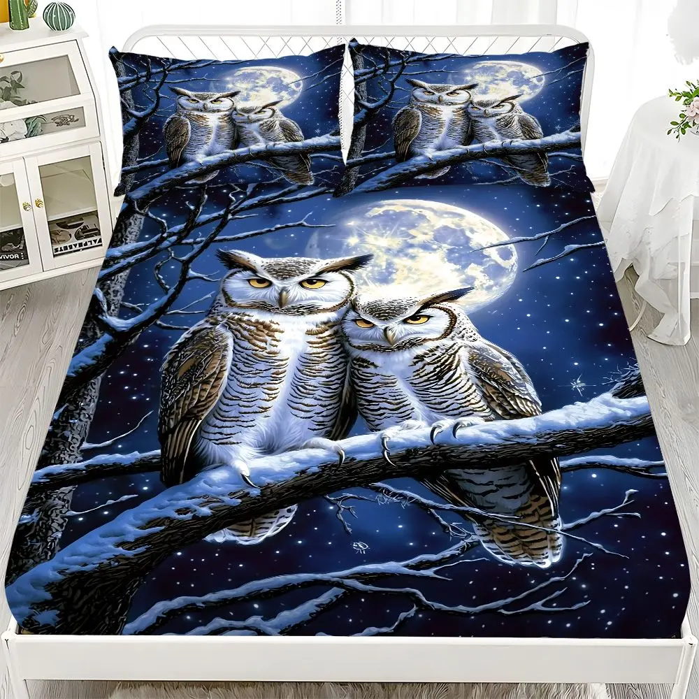 Fitted Sheet 3-Piece Set, Comfy Bedding Sets, 2D Flat Printed Snowy Night Double Owl Pattern Mattress Covers, Available in Ten Sizes (1*Fitted Sheet + 2*Pillowcases, No Filler), Skin-Friendly and Breathable Bedding, Suitable for Family Bedrooms