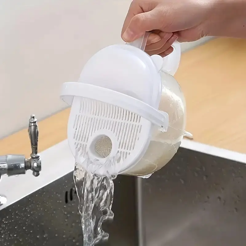 1pc Premium Rice Washing Bowl - Effortless Food Cleaning Tool with Multifunctional Rice Strainer Lid & Ergonomic Handle - Multi-Use for Rice, Beans, Grapes, Vegetables - Durable, BPA-Free Kitchen Accessory