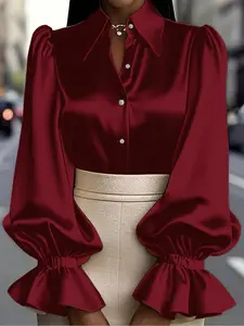 Women's Solid Color Fashion Flared Bell Sleeve Long Sleeve Button Shirt, Stylish Casual Blouse for Daily Wear, Ladies' Clothing