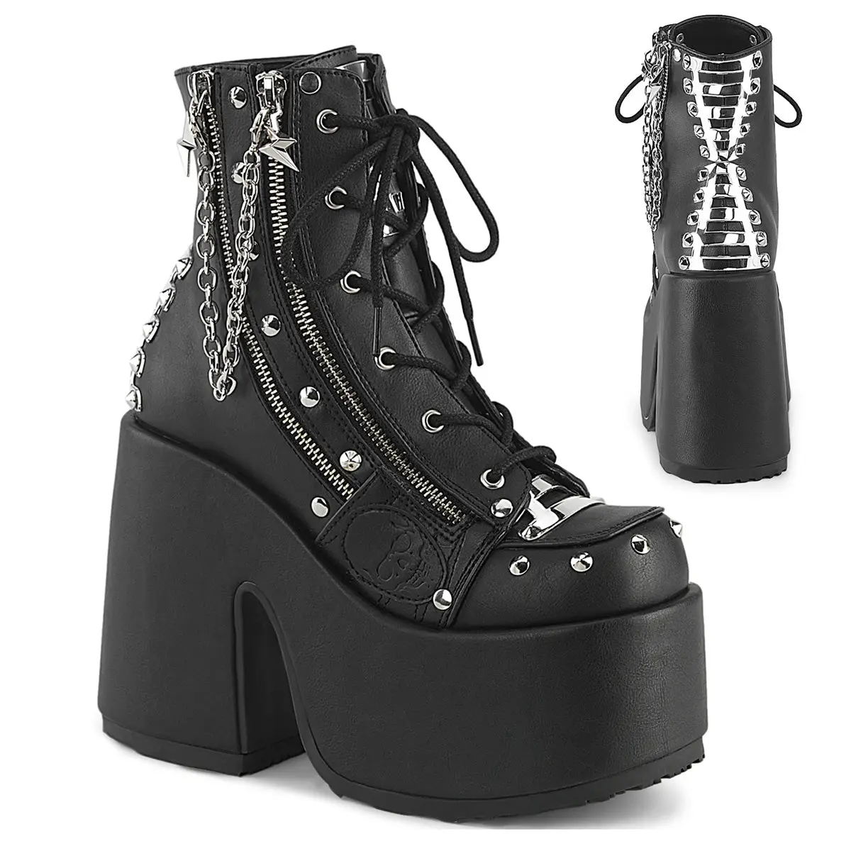 Demonia Camel-208 Black Vegan Leather Platform Ankle Boot