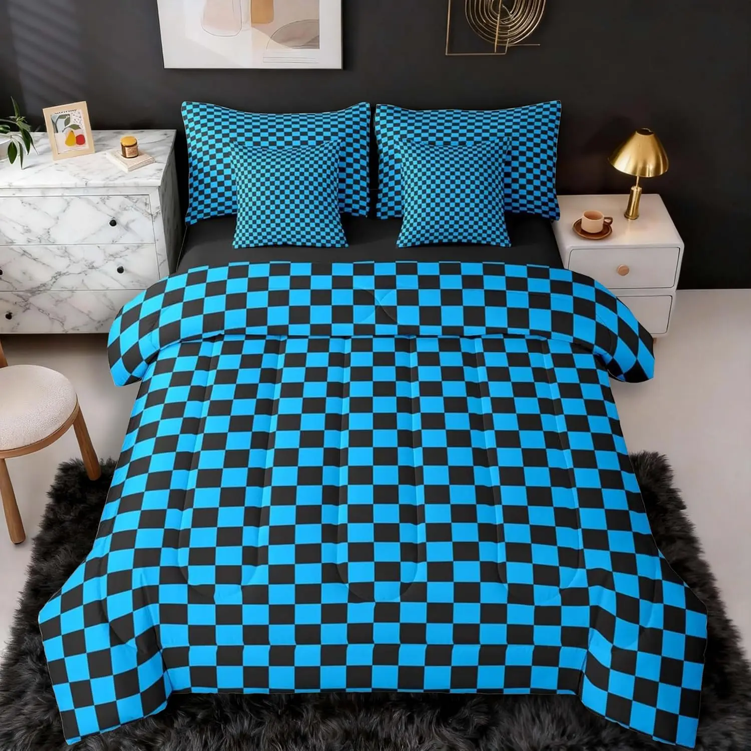 Blue Black Bedding Set 7Pcs Plaid Checkered Comforter Set with Sheets Classic Grid Buffalo Check Bed in a Bag Soft Lightweight,Microfiber