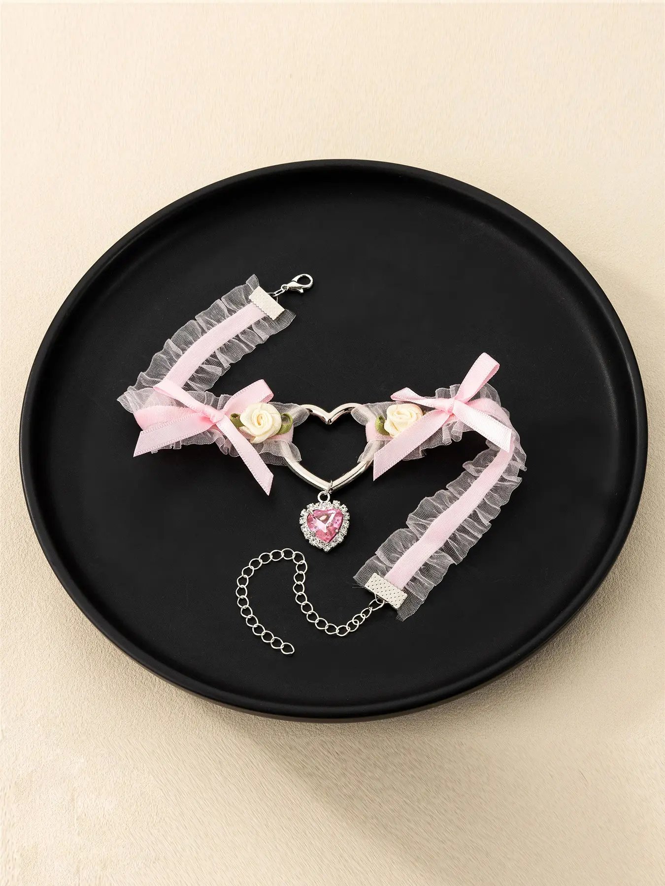 Pastel Pink Lace Heart Choker - Bow & Rose Accents | Romantic Gothic Statement Necklace | Adjustable Fashion Jewelry for Women Dainty Necklaces