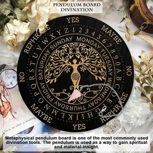 3-piece set of wooden divination board metaphysical message board, with cone-shaped crystal pendulum pendant and crystal pendulum necklace, used for witchcraft altar supplies kit, spiritual decoration, home decoration, Chakra Healing Crystals
