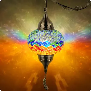 Yarra-Decor Turkish Moroccan Pendant Hanging Light - Tiffany Style Mosaic Ceiling Lamp, 15ft Cord, for Bedroom, North American Plug Lighting Home