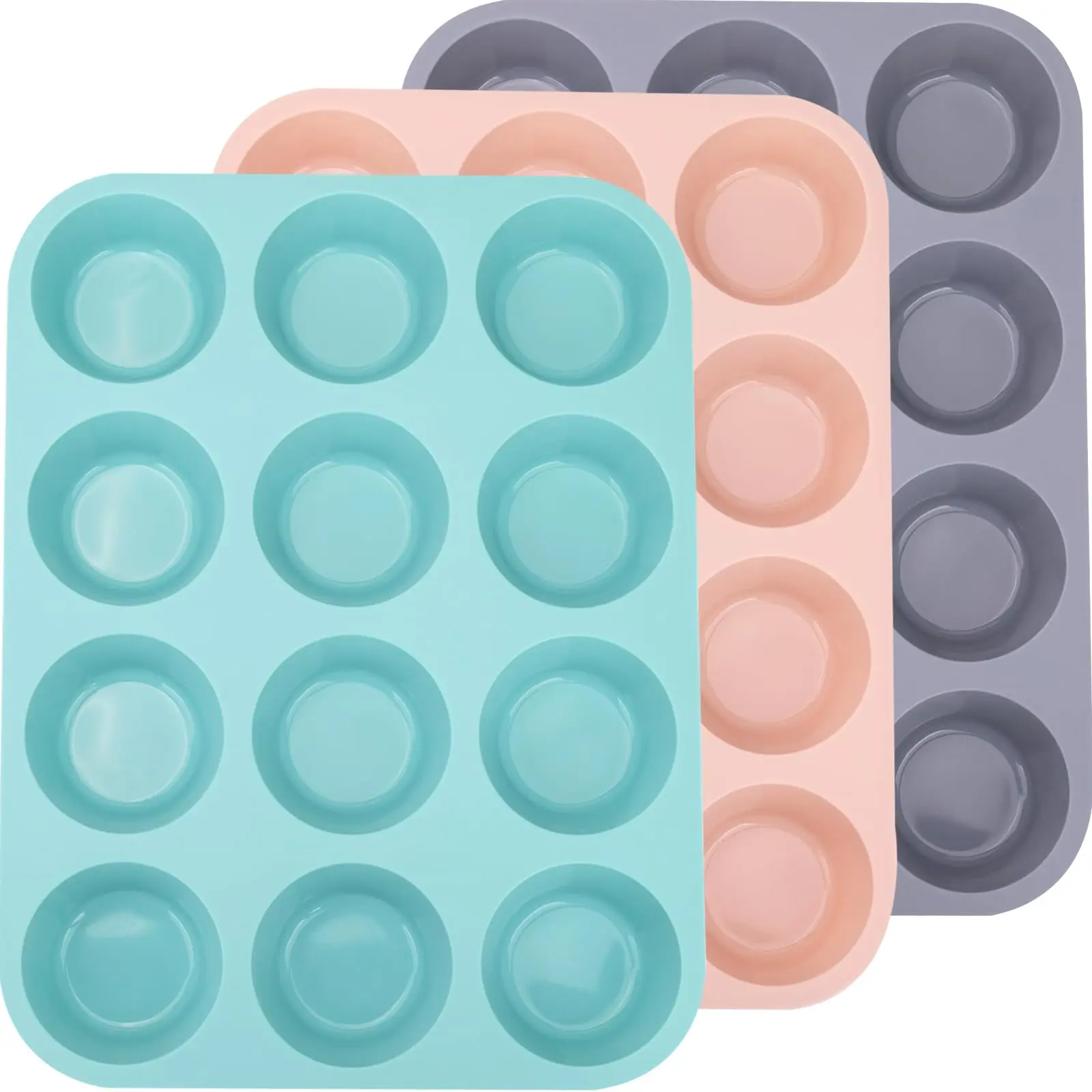 3 Pack 12 Cups Silicone Muffin Pan Non-Stick Bakeware Silicone Molds for Muffins, for Breakfast Sandwiches English muffins, Cupcakes, Bread, Tart and Desserts Nonstick Cupcake Pans Silicone Baking Mold