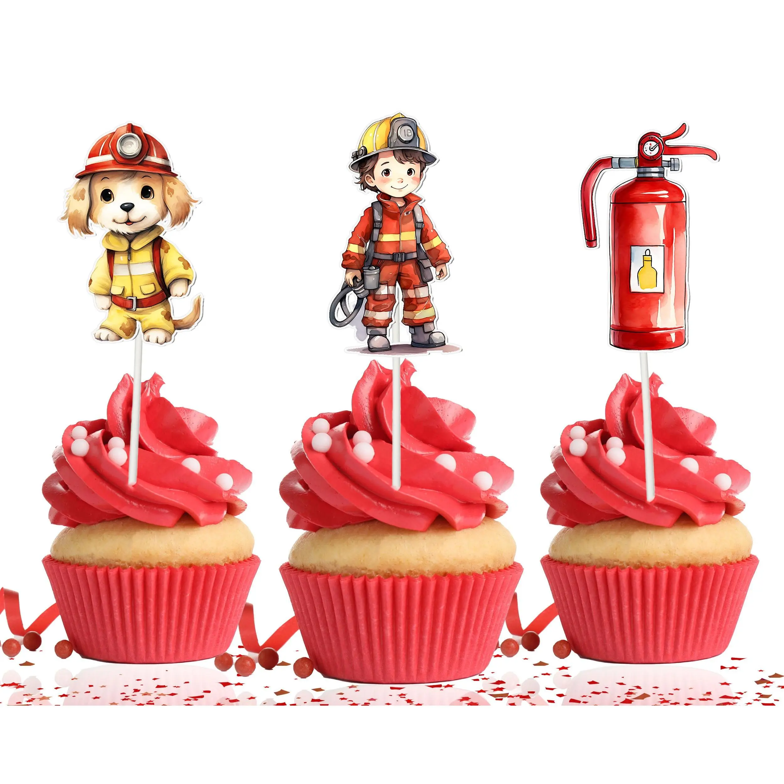Firefighter Cupcake Toppers - Set of 10 | Rescue Party Decorations | Fireman-Themed Toppers