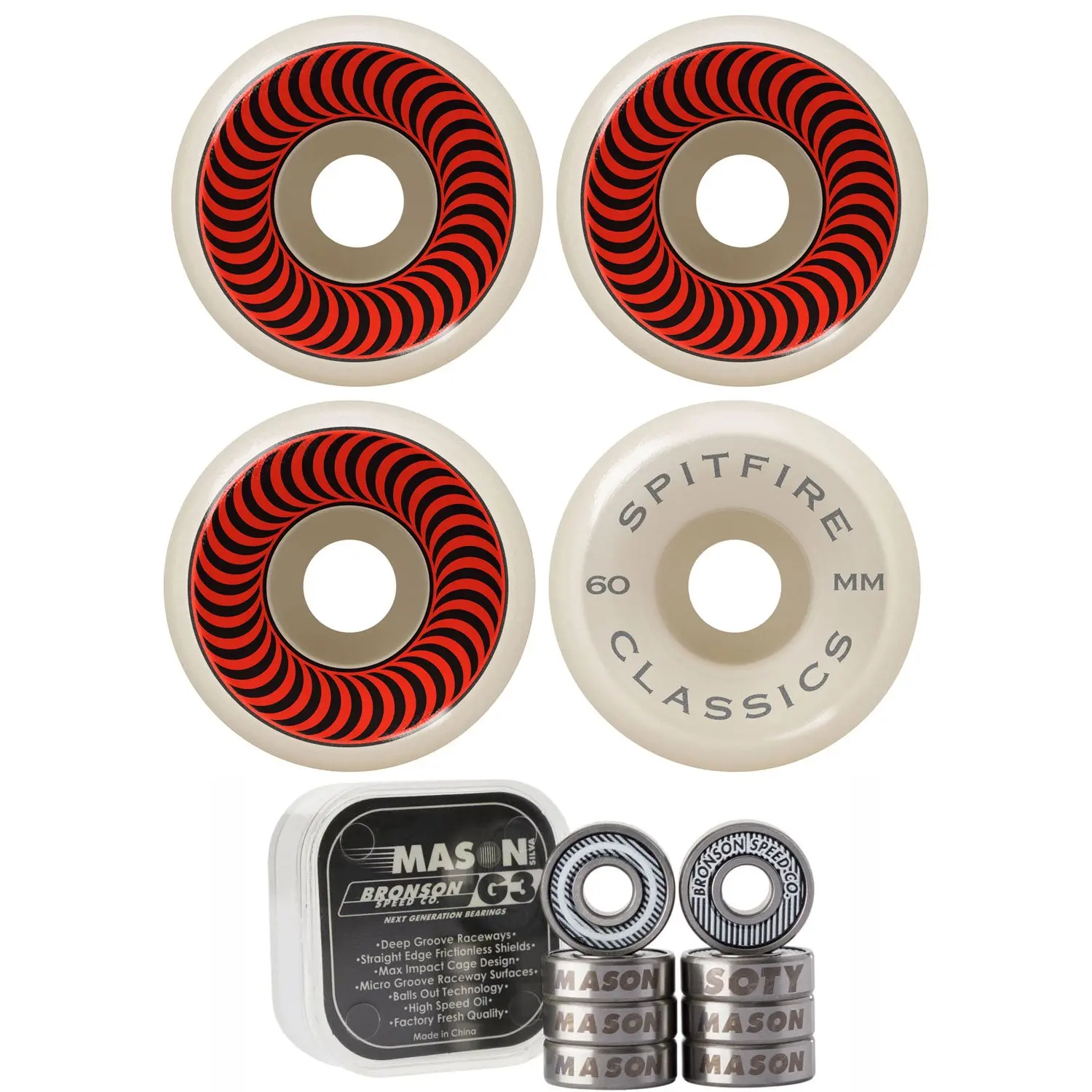 Spitfire Skateboard Wheels 60mm Classics with Bronson Pro G3 Bearings
