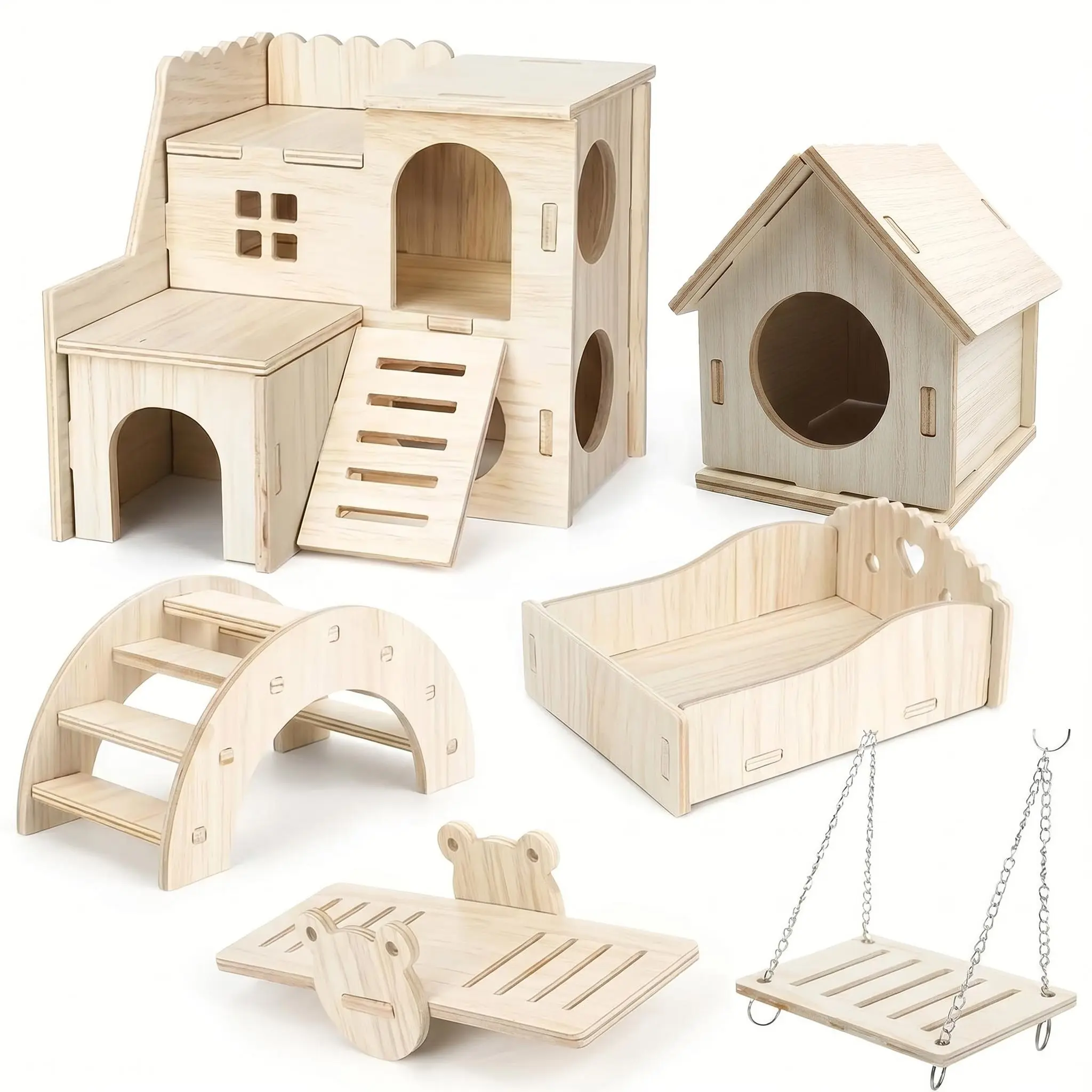 6-Piece Wooden Hamster Toys Set - Wood Cage Accessories Kit with Hideout House, Swing, Seesaw, Bridge, Platform for Small Animals (Hamsters, Gerbils)