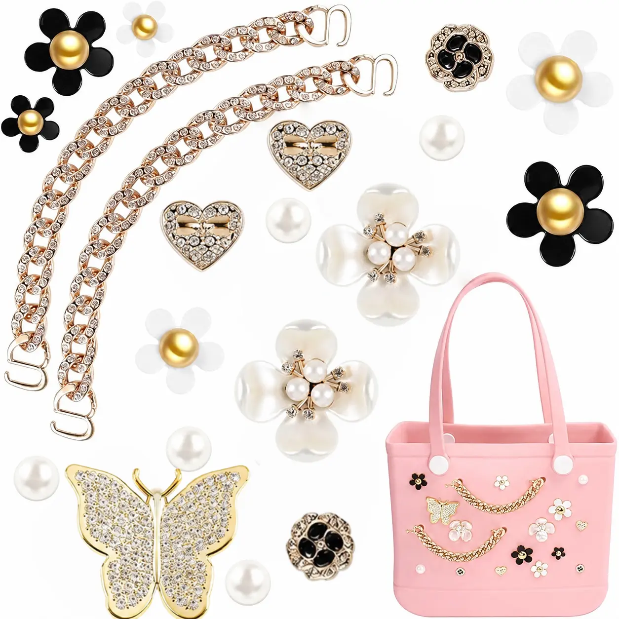Shoe Decoration Charms - 20-Piece Elegant Pearl, Butterfly Flower Designs for Rubber Beach Bag, Simply Southern Beach Tote, Basic Plastic Backpack Insert Accessories