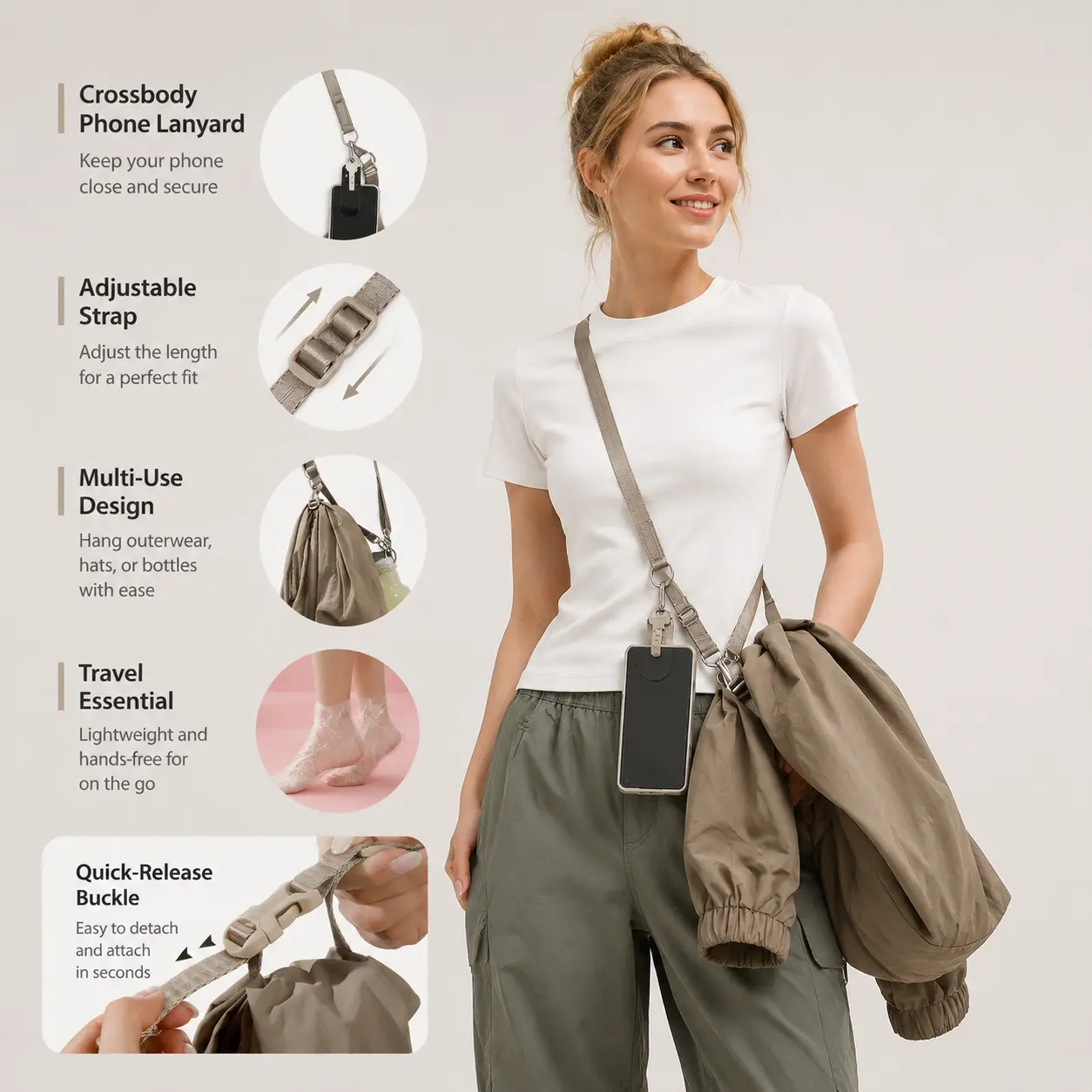 Multi-Use Adjustable Crossbody Bag Strap with Quick-Release Non-Slip Cap Clip - Hangs Phone, Hat, Jacket, Water Bottle for Outdoor Travel, Daily Use