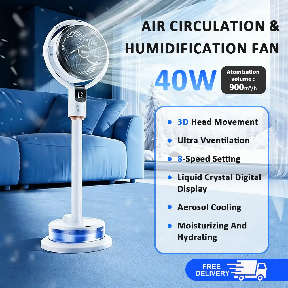 TAZTIR 40W Misting Fan. Portable Cooling Mist Fan With Humidifving And Coolinn Air Girnulation Soray Fan Flnnr Fan Adiustahle Heinht 24i Water Tank Remnte Control, Silent Swinging. High-speed Cooling , Suitable For Home. Bedroom, Office, Garden