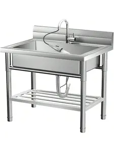 "Stainless Steel Utility Sink, Free Standing Single Bowl Laundry Sink With Cold And Hot Water Pipes&Pull-Down Faucet Commercial Sink For Restaurant Indoor And Outdoor Sink  Free Standing Stainless-Steel Sink,Outdoor Kitchen,summerwins