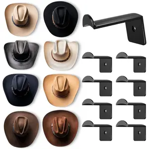 2.8 Inch Hat Hooks for Wall - (8 Pack) Cowboy Hat Rack,  Adhesive Cap Holder, Organizer for Baseball Caps, Western Room Decor - Black