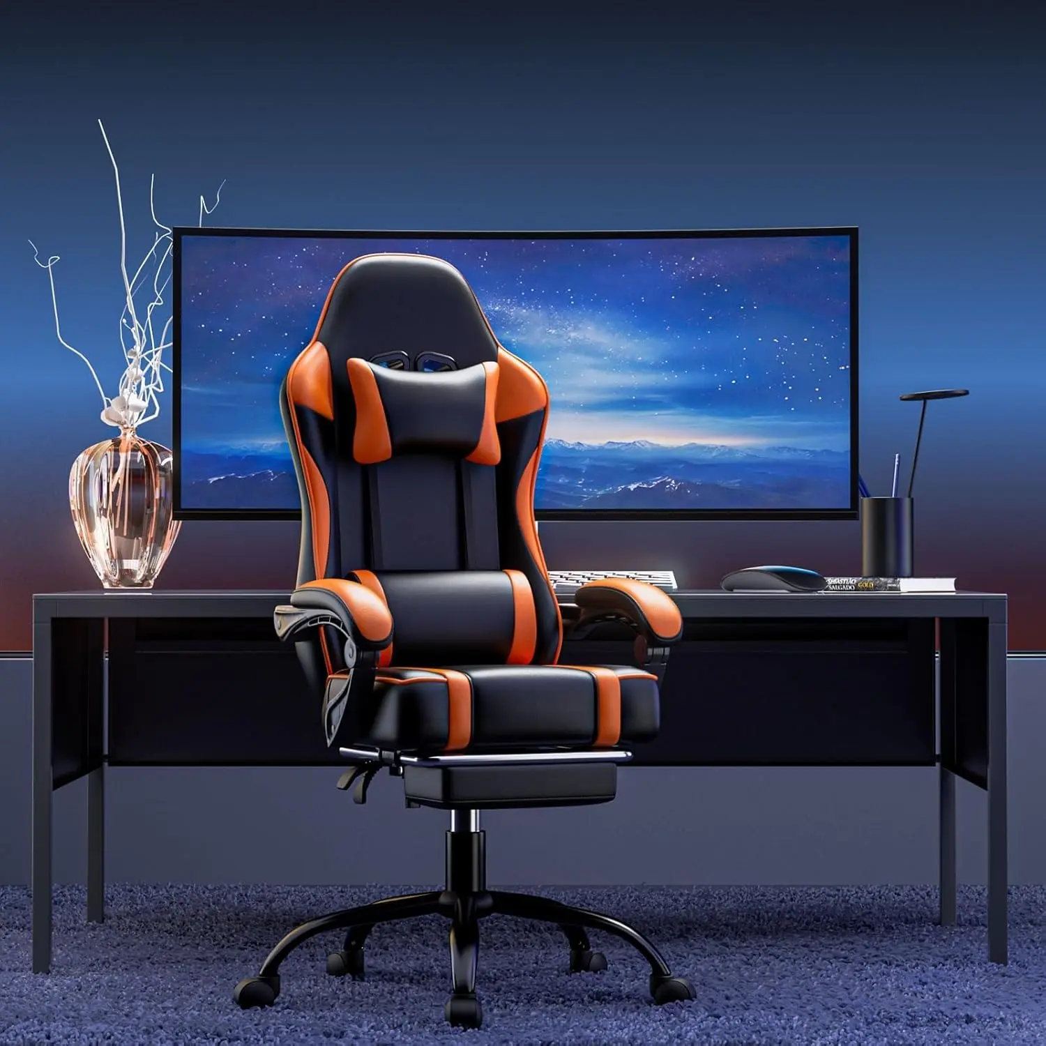 Video Game Chair for Adults, Computer Chair Gaming Chairs for Kids, Adjustable Lumbar Pillow Headrest Office Desk Chair Gamer Chair with Footrest (Flat Cushion, Orange)