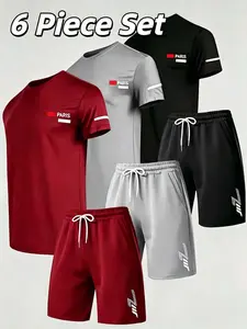 Men's 6-Piece Paris Print T-Shirt Shorts Set, Breathable Quick-Dry Sports, Ideal for Fitness, Running, Training, Casual Wear