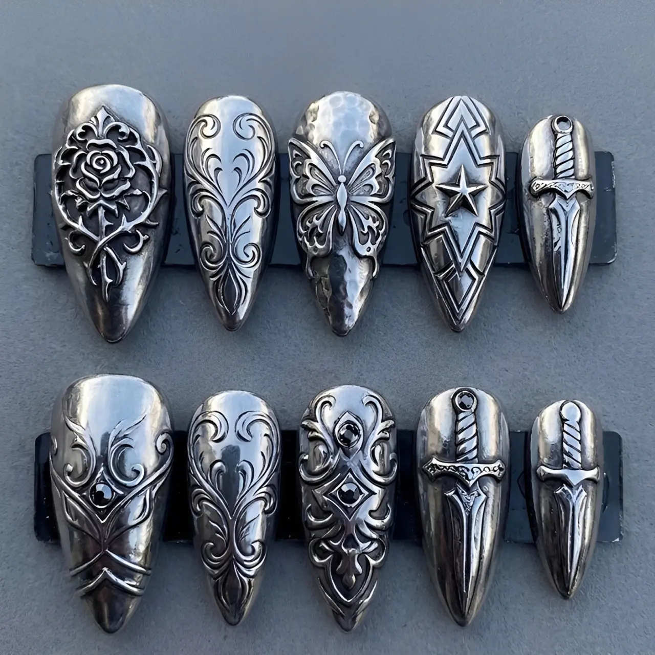 Silver Gothic Armor Press On Nails | Handmade Chrome Sword Rose Butterfly Medieval Knight Press On Nails | Luxury Reusable Fake Nail Set