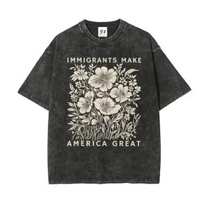 [Winter Outfits]Immigrants Make America Great Oversize Unisex Anti-ICE Washed T-Shirt for Women and Men's Unisex Fit Batik Cotton Oversize Streetwear Menswear  Super Soft Pre-Shrunk