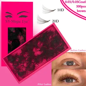 Brown, Volumized False Eyelashes, 1 Box 500 Pcs, Thickness 0.03mm/0.05mm, 10D/20D, Curl C/D, 8-15mm/Mixed Lengths, Sharp Narrow Stem Premade Fans Eyelash Extension, Natural & Soft, Salon, Party & Daily Use