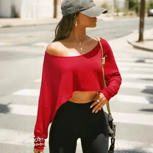 Fisoew Women's Off-Shoulder Oversize Cropped Knit Tops - Longsleeves Batwing Tops, Loose-Fit Boat Neck Knitwear for Summer Sports, Casual Wear